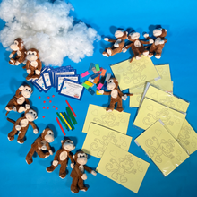 Load image into Gallery viewer, Monkey jungle theme craft pack. Includes 10 plush Monkey and 10 Monkey design sand art cards