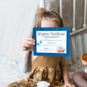 Girl with adoption certificate for plush turtle