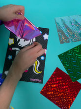 Load image into Gallery viewer, Unicorn Foil art kit with Unicorn image and individual foil sheets how to scatch in foil