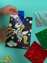 Load image into Gallery viewer, Unicorn Foil art kit with Unicorn image and individual foil sheets how to peel off after scratching in the image