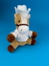 Load image into Gallery viewer, Plush Brown Horse 8 inches with white shirt and white western hat on