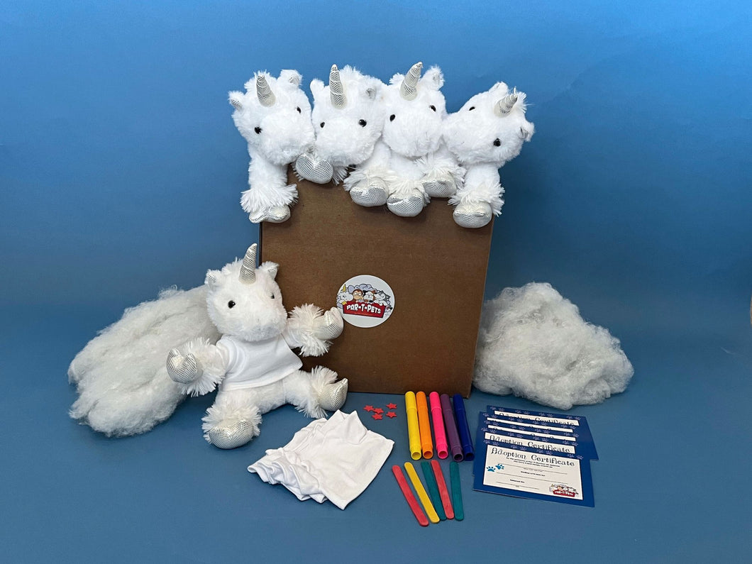 White Unicorn Plush with silver hooves and horn 5 Pack making kit with T shirt